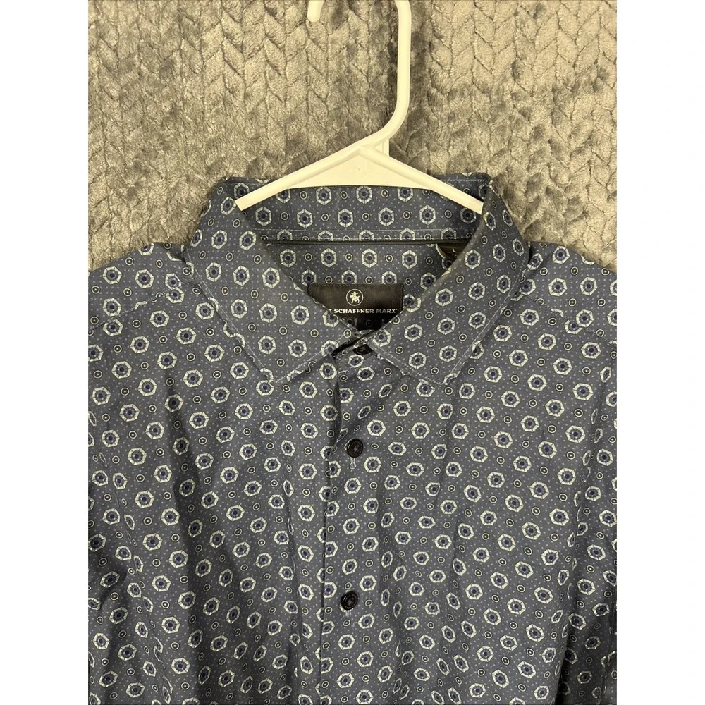 HART SCHAFFNER MARX MENS L LONG SLEEVE BUTTON UP SHIRT BLUE GEOMETRIC COLLAR